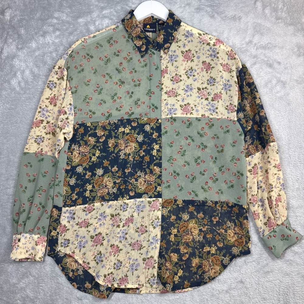 Liz Sport‎ Button Shirt Womens S Floral Patchwork Cottagecore Sheer Oversize 90s